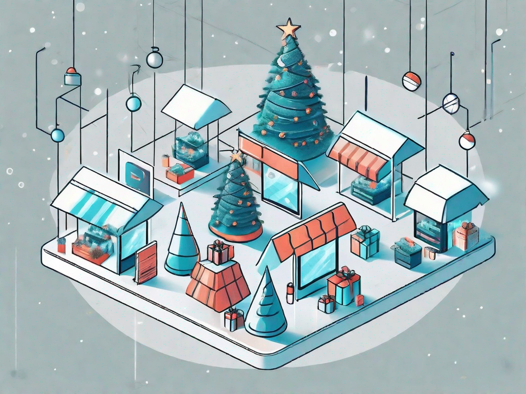 A futuristic digital marketplace bustling with holiday elements like gifts