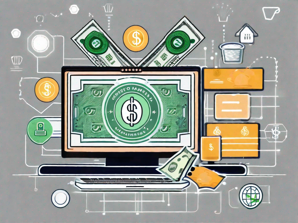 A computer with money icons flowing out from the screen